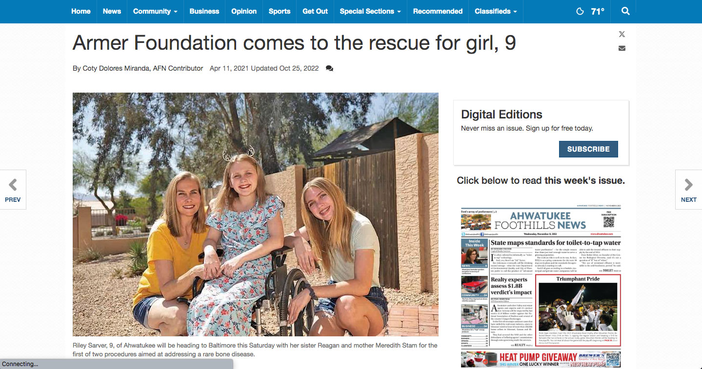 Armer Foundation comes to the rescue for girl, 9