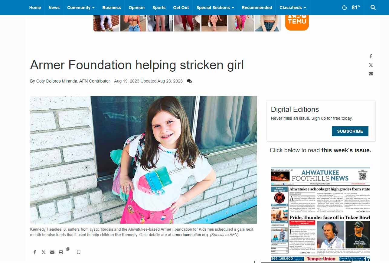 Armer Foundation helping stricken girl
